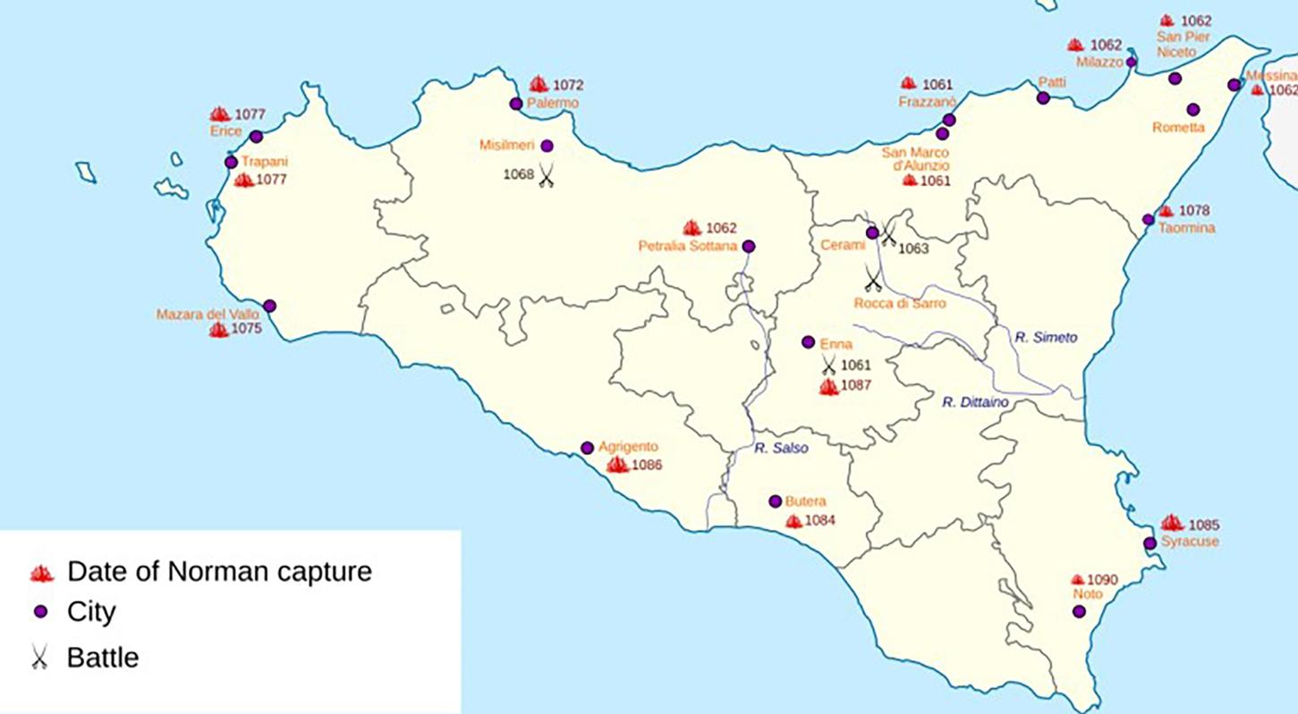 Map of Sicily denoting how it was conquered by the Normans in the years leading to 1090