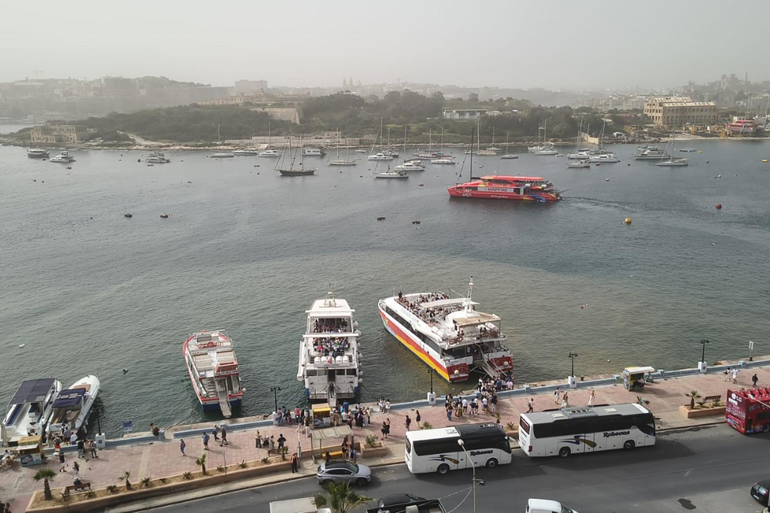 A large slick of what appears to be sewage extending into Marsamxett Harbour.