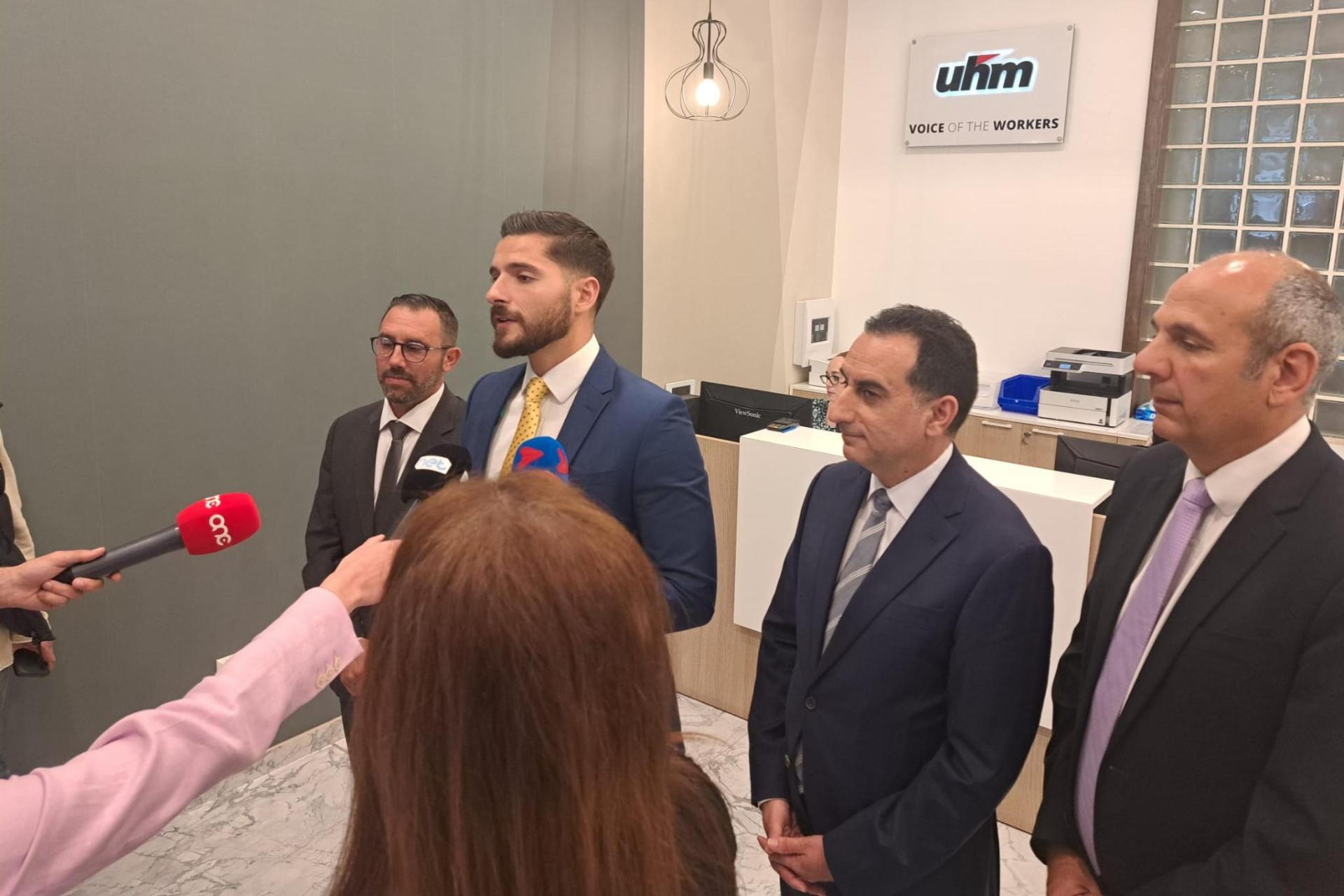 Alex Borg speaking outside UĦM offices. Photo: Giulia Magri