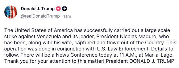 Donald Trump confirmed the attack and capture. Photo: Truth Social