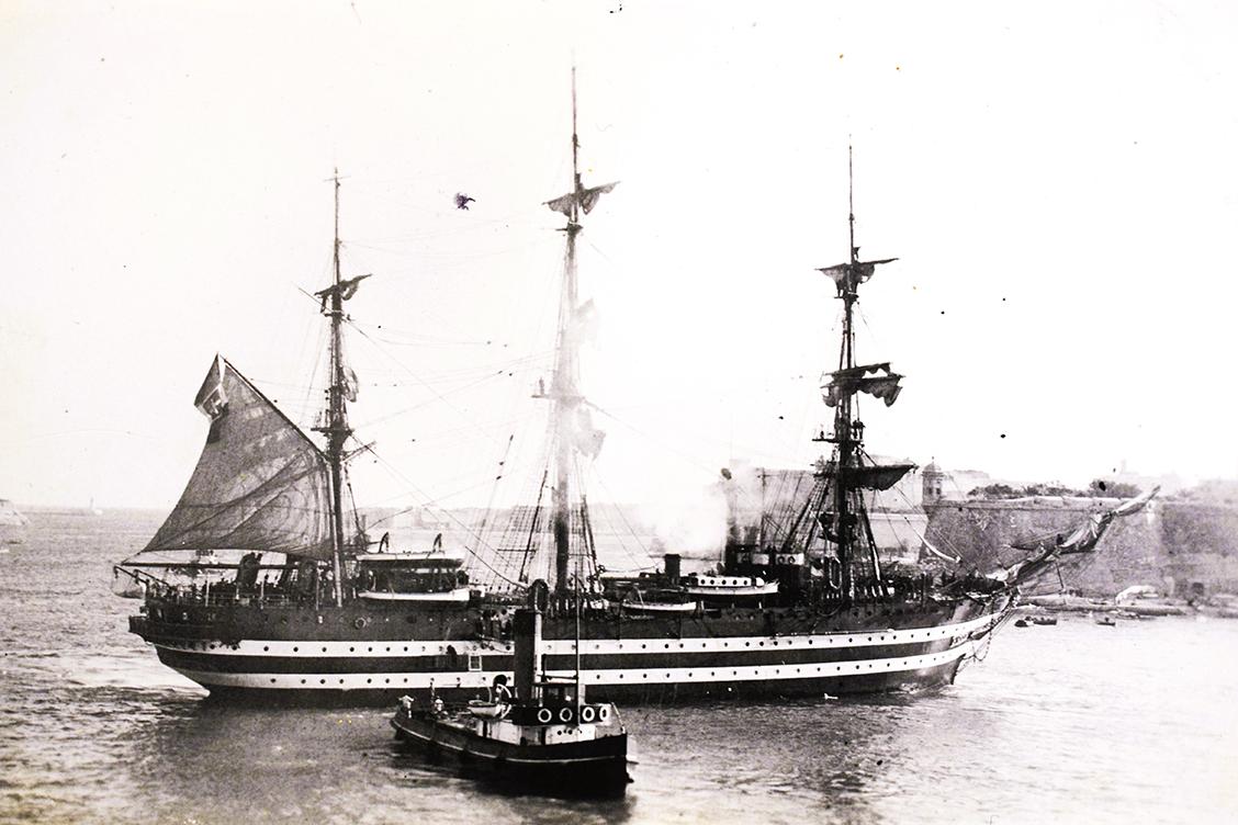 The cadet training ship Amerigo Vespucci in Malta in a 1935 postcard. All photographs from the author&rsquo;s collections