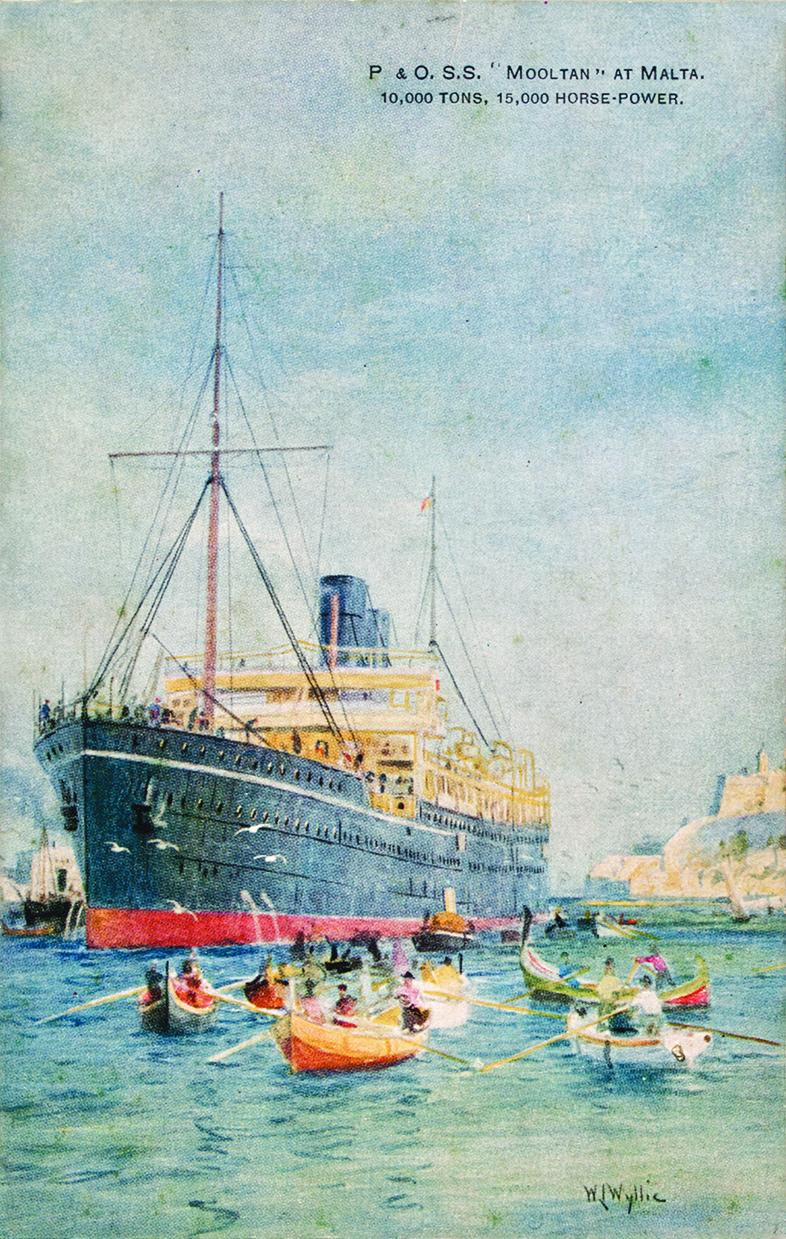 P&O used the same Malta artwork by William Lionel Wyllie (1851-1931) to promote three different passenger ships: 'Mooltan', 'Mongolia' and 'Moldovia'.