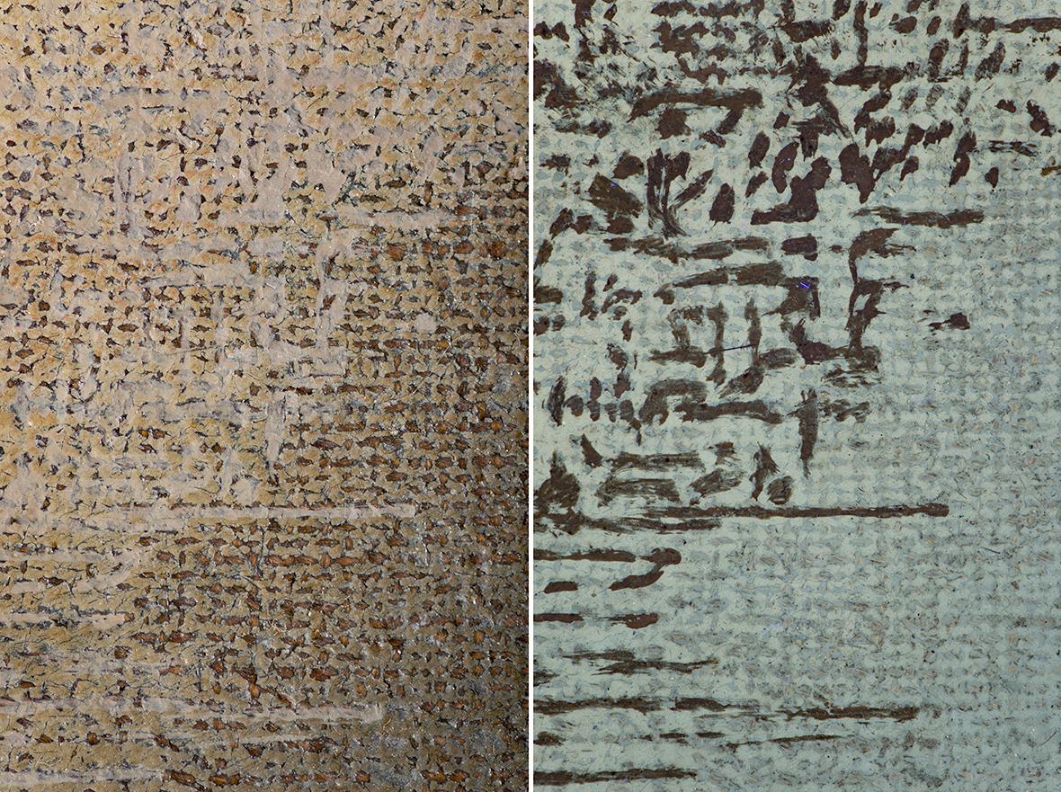 Details taken before treatments, under diffuse and ultraviolet light, and showing the abraded (left photograph) and retouched surface of the painting. Photo: Manuel Ciantar and Suzanne Ciantar Ferrito obo ASC Conservation Centre Ltd.