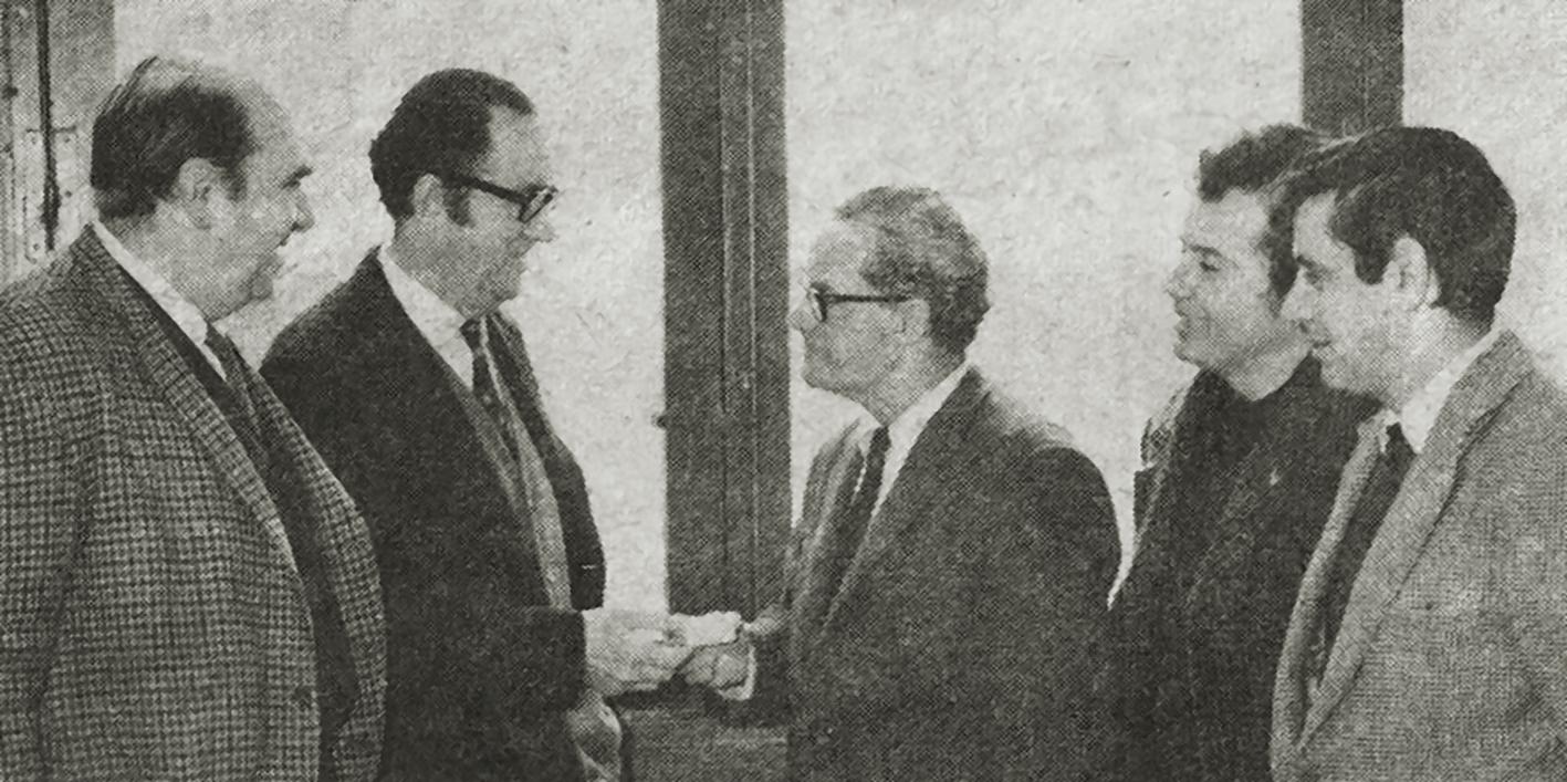 Sammut being presented with a pair of engraved gold cufflinks by shop steward A. Faure in 1972 on the termination of his employment as director of Progress Press, where he was in charge of welfare.
