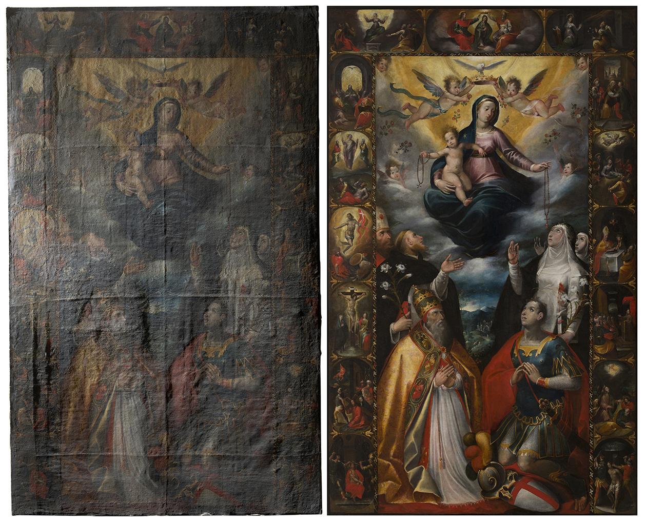 Gudja&rsquo;s altarpiece of <em>Our Lady of the Rosary</em>, before conservation treatments (RAK) and after. Photo: Manuel Ciantar and Suzanne Ciantar Ferrito obo ASC Conservation Centre Ltd.