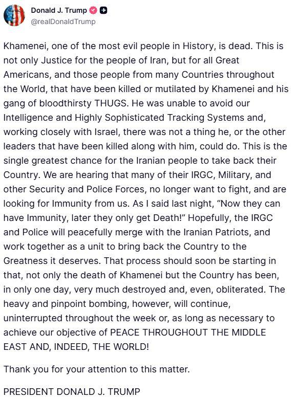 Trump announcing Khamenei's death. Photo: Truth Social
