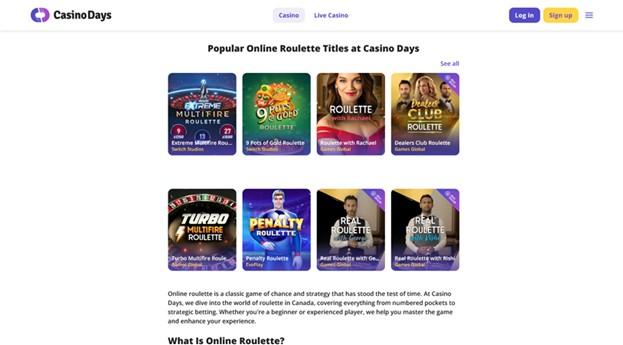 Casino Days interface showing popular online roulette titles like Turbo and Penalty Roulette.