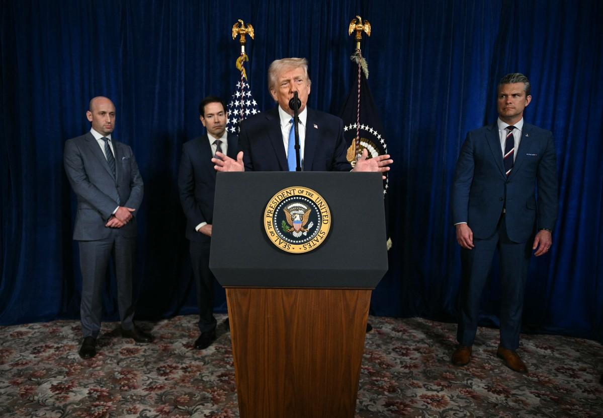 Donald Trump addressing the news conference. Photo: AFP