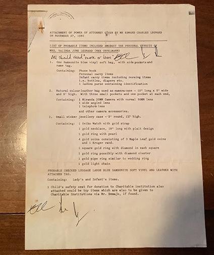 The list of Valinda Leonard's perosnal items.