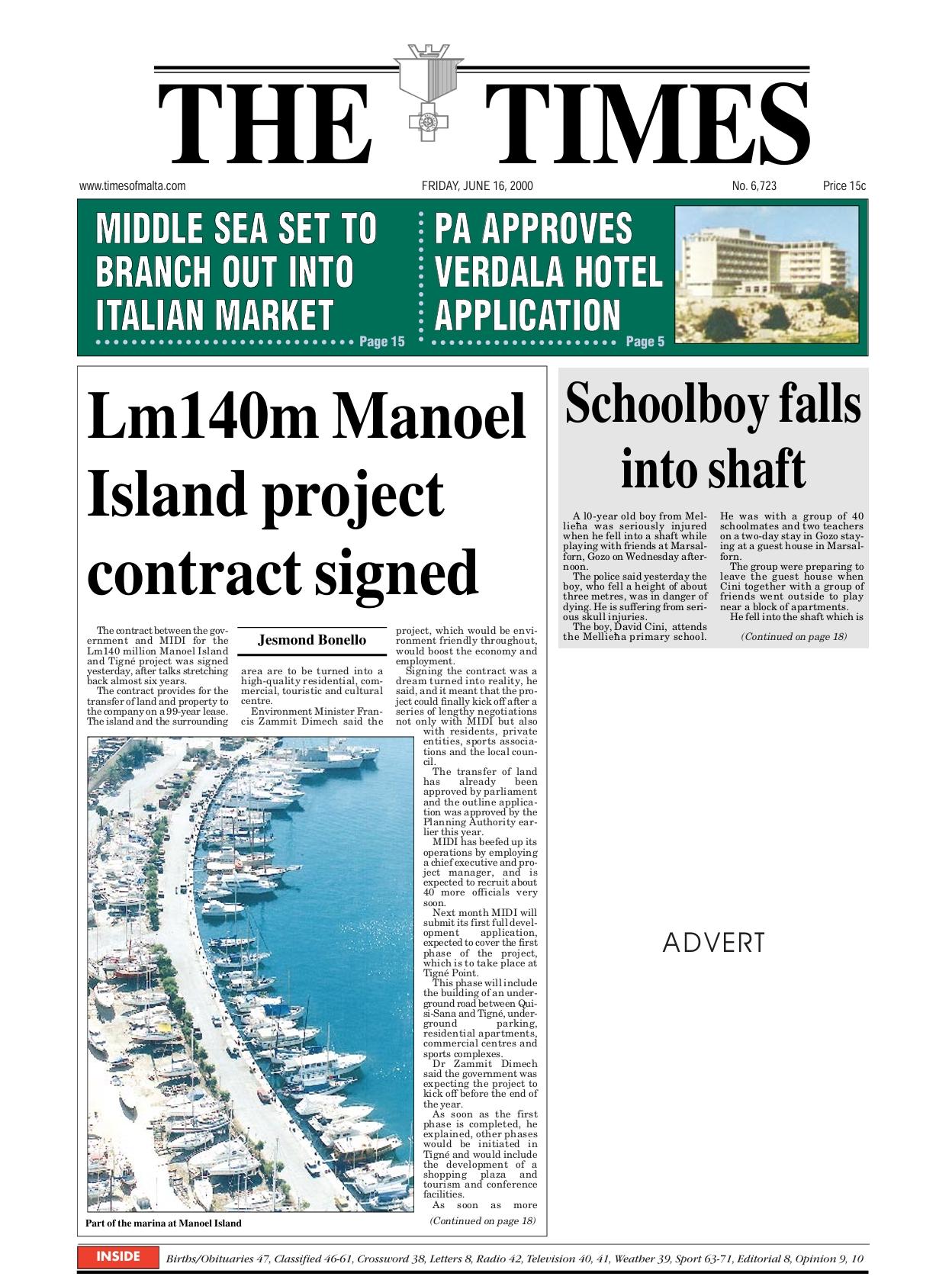 The Times of Malta front page on the day the concession was signed.