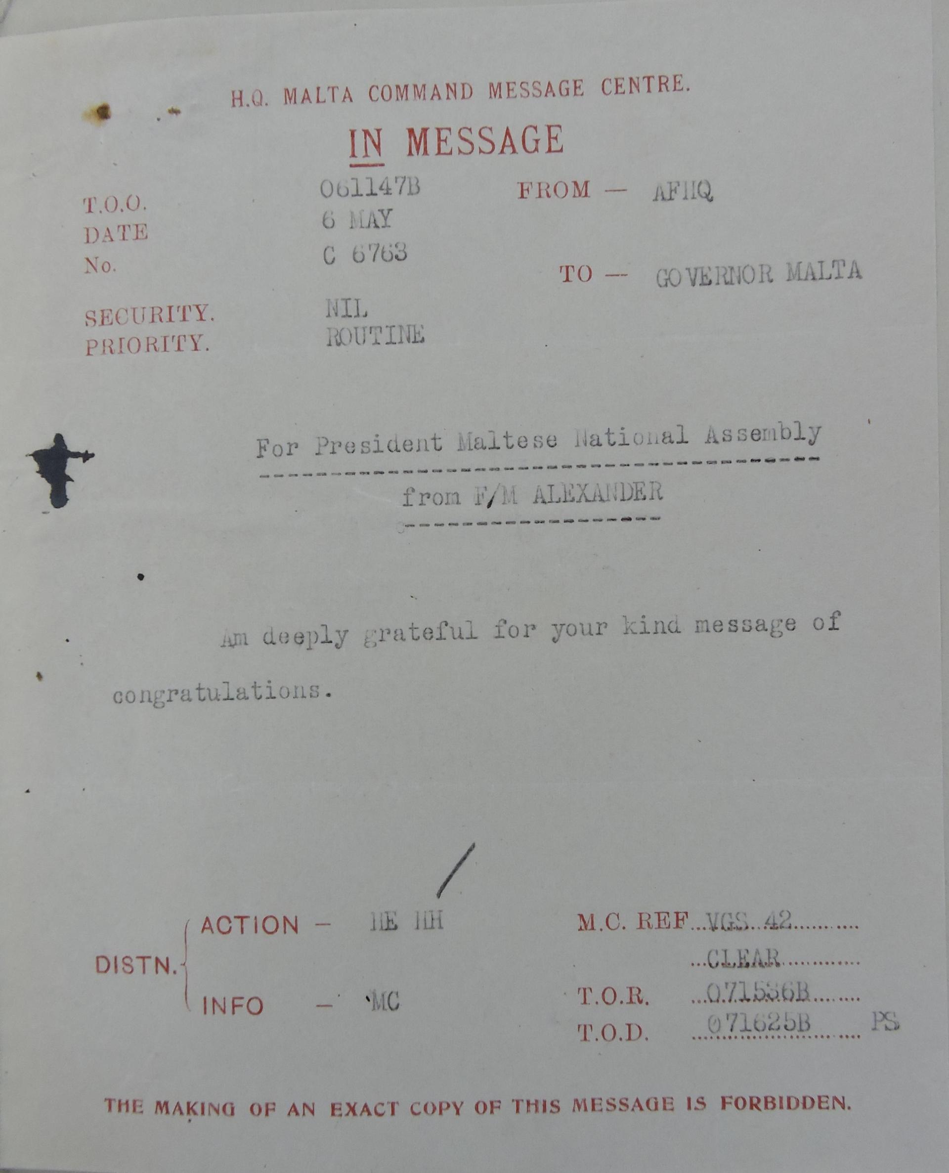 The message sent by Field Marshal Alexander. Photo: National Archives of Malta