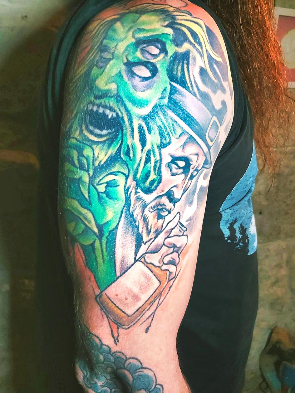 Mythological figures adorn Darren Micallef&rsquo;s arms.
