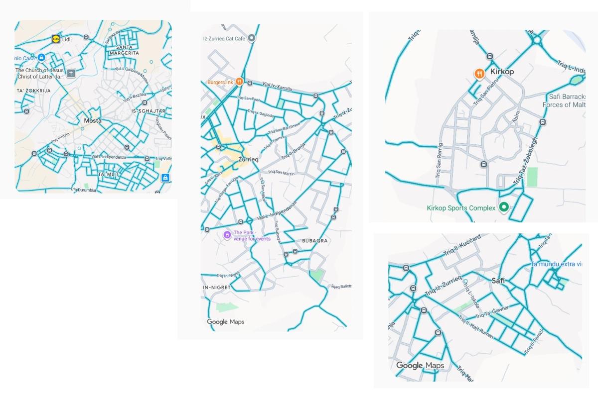 A sample of the affected roads. Grey roads indicate those for which Street View is not available. Screenshots: Paolo Cassar Manghi/Google Maps.