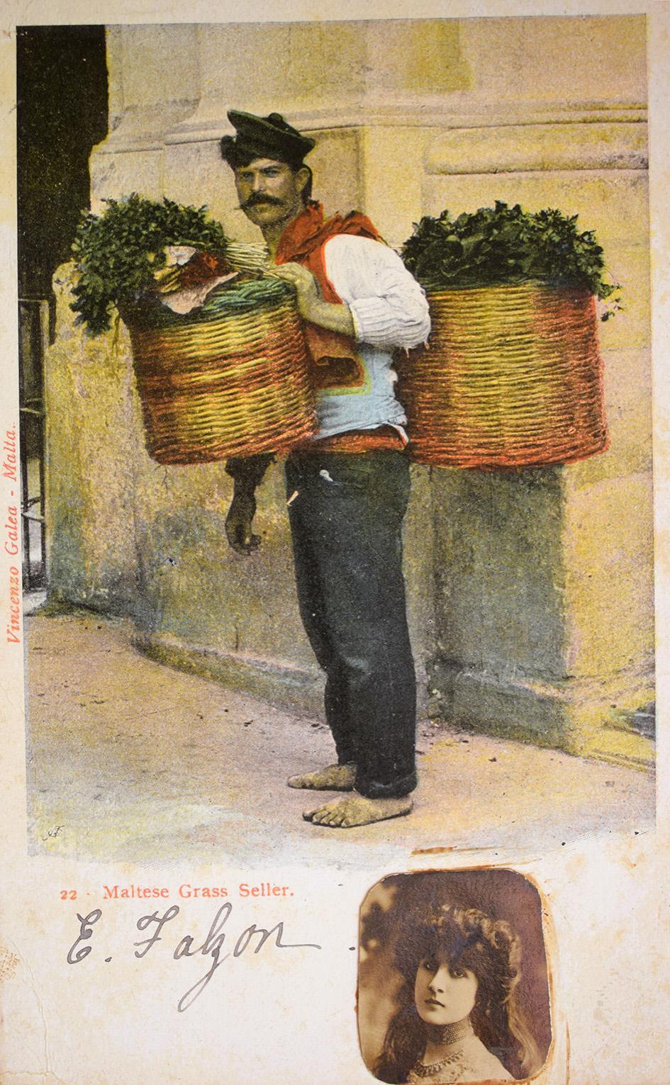 A circa 1904 colour postcard by Vincenzo Galea di Antonio showing a greengrocer.