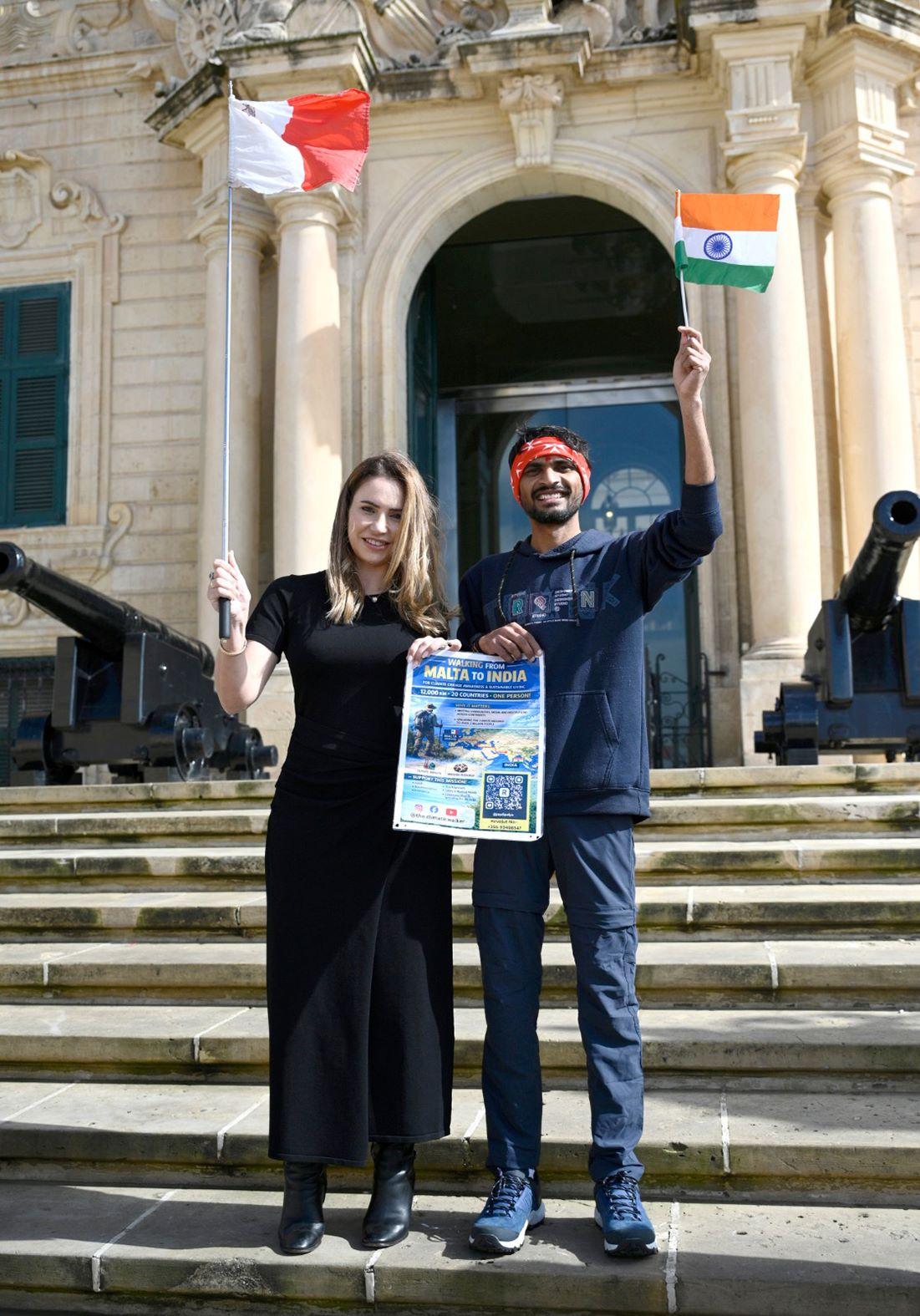 Jaydip Lakhankiya (right) with the prime minister&rsquo;s wife, Lydia Abela, in front of the Auberge de Castille in Valletta.