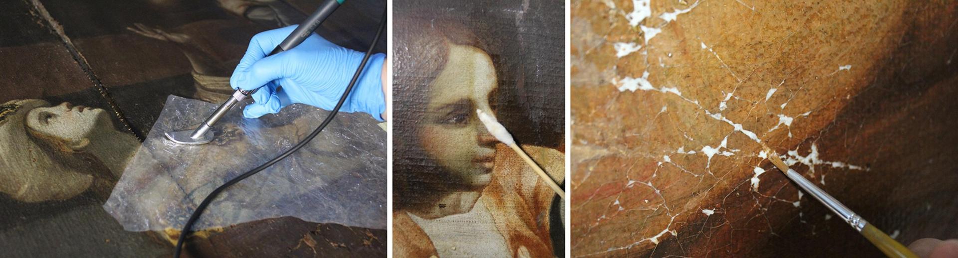 Details showing consolidation treatments of the paint layer, cleaning treatments and chromatic integration, respectively. Photos: ASC Conservation Centre Ltd