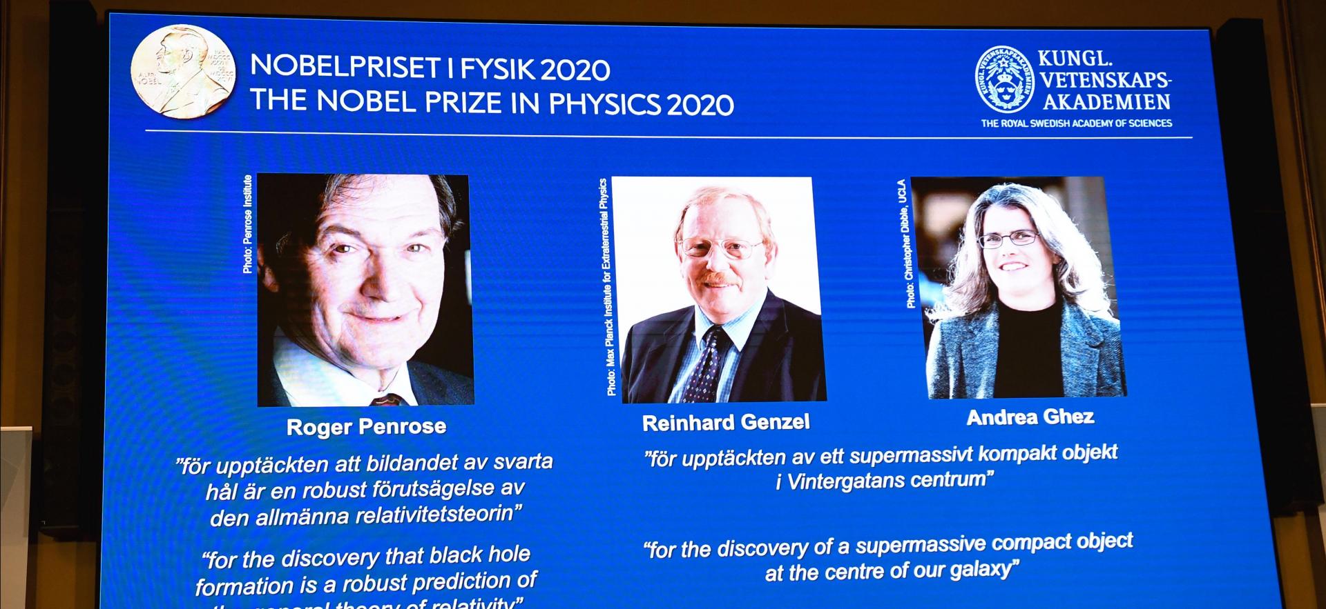 A screen displaying the winners of the 2020 Nobel Prize in Physics (from left) Briton Roger Penrose, Reinhard Genzel of Germany and Andrea Ghez of the US, during a press conference at the Royal Swedish Academy of Sciences, in Stockholm, on October 6, 2020. Photo: AFP