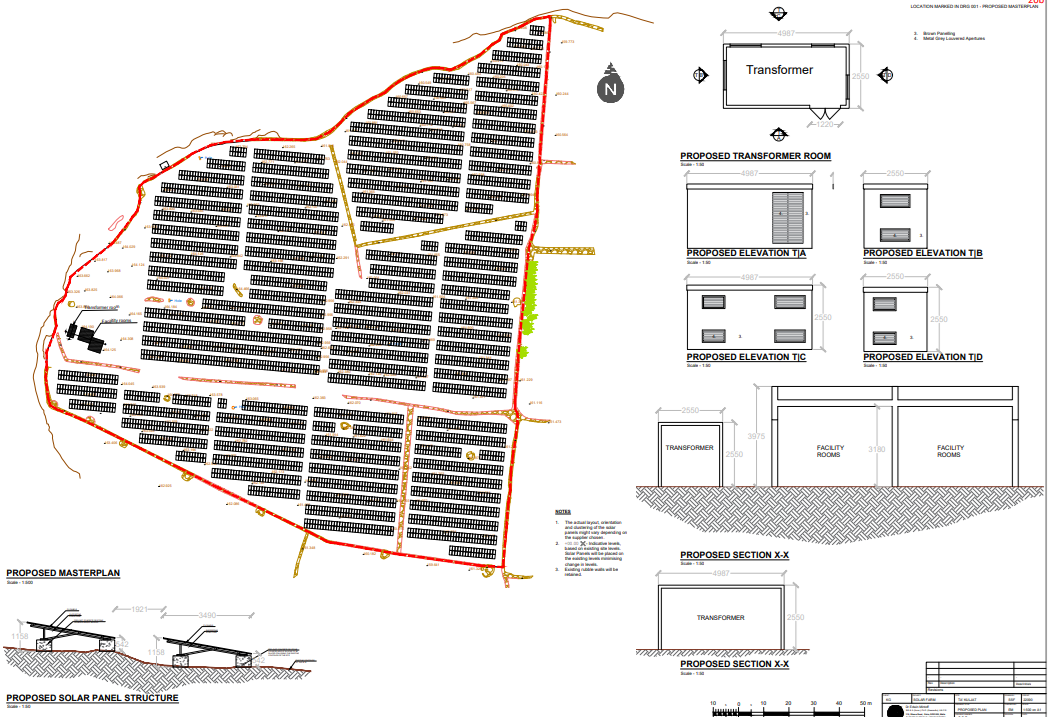 The proposed project, showing the solar panels and detailed draws of the transformer room and facility rooms. Photo: PA