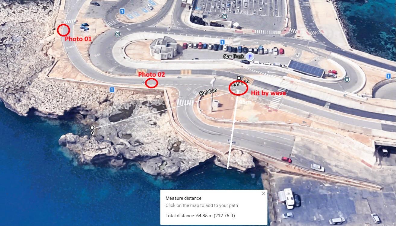 An image provided by Joseph Tabone Ferrante showing where he and his wife were struck by the wave.