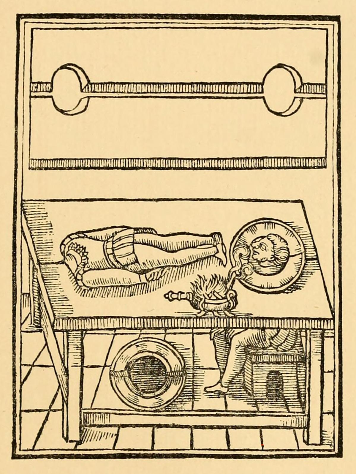 Illustration from a 16th-century magician&rsquo;s manual showing a beheading illusion.