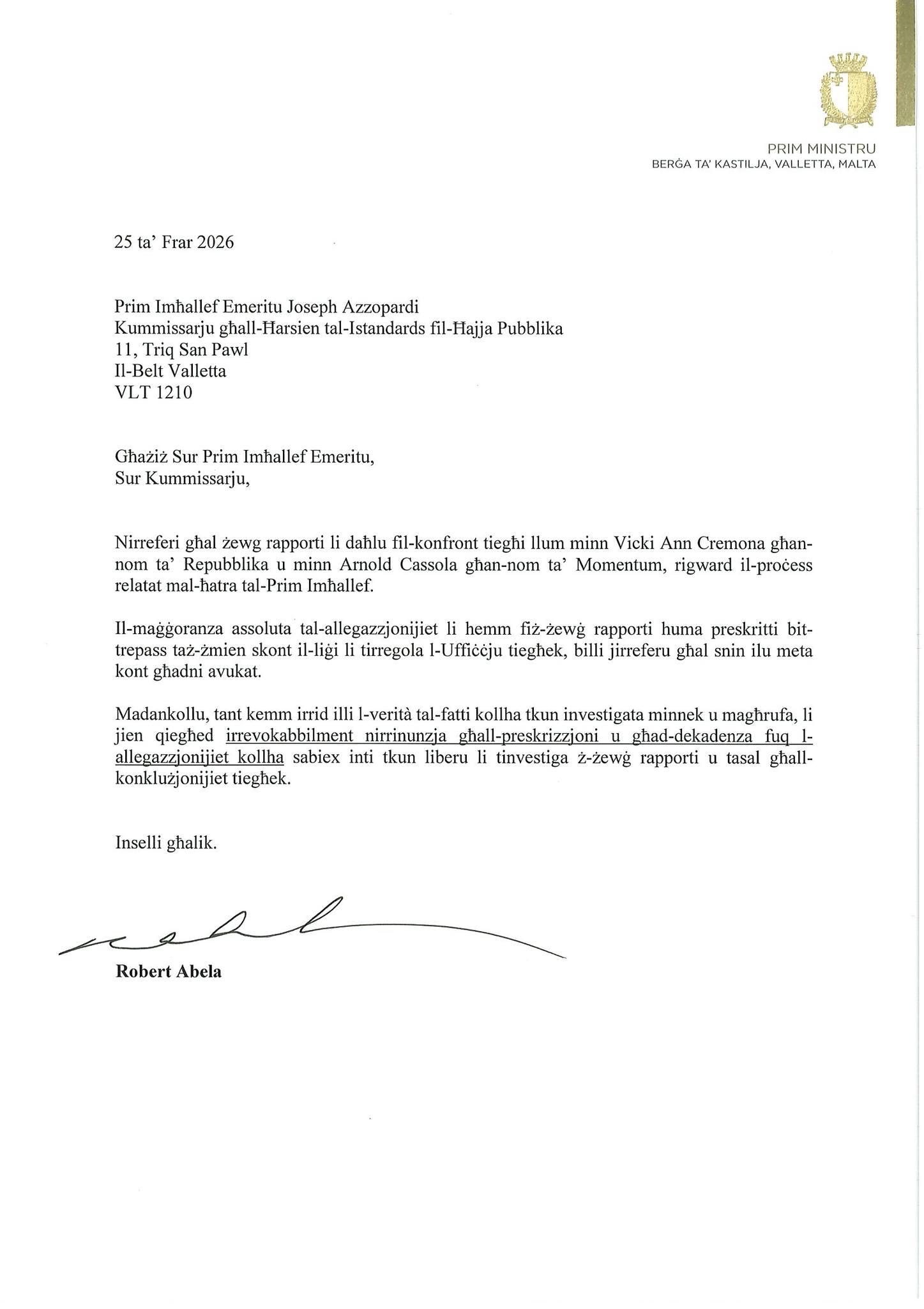 The letter sent to Chief justice emeritus Joseph Azzopardi. Photo: Facebook