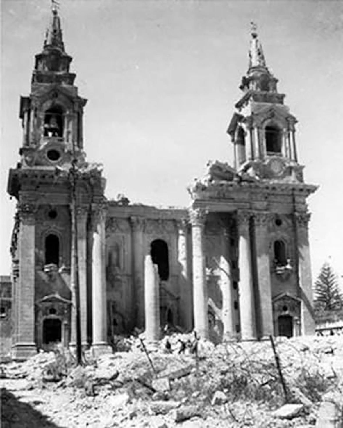 St Publius parish church, Floriana, after it was severely damaged during bombing in April 1942.