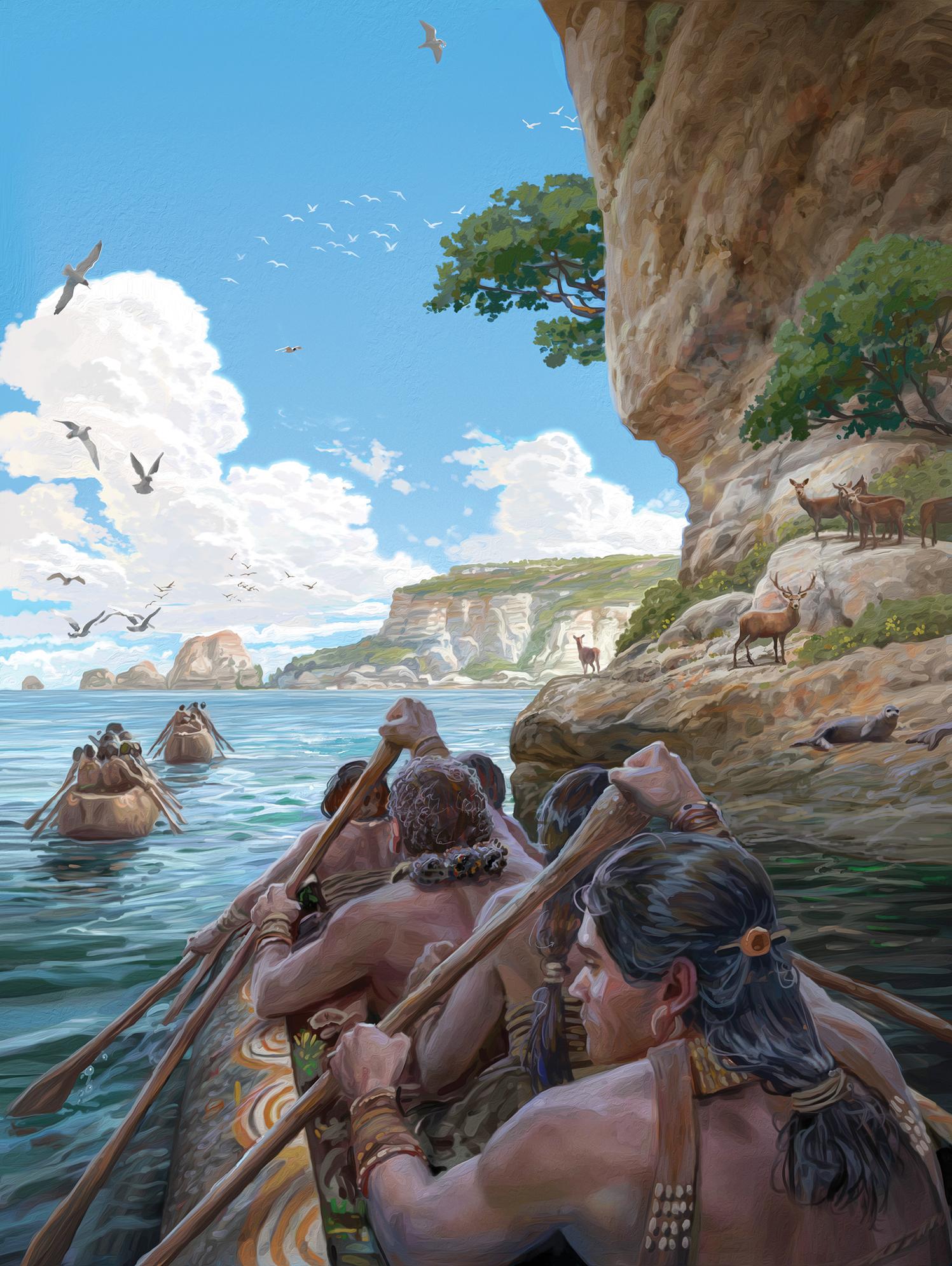 An artist's impression of the hunter-gatherers' voyage more than 8,500 years ago. Photo: Daniel Clarke