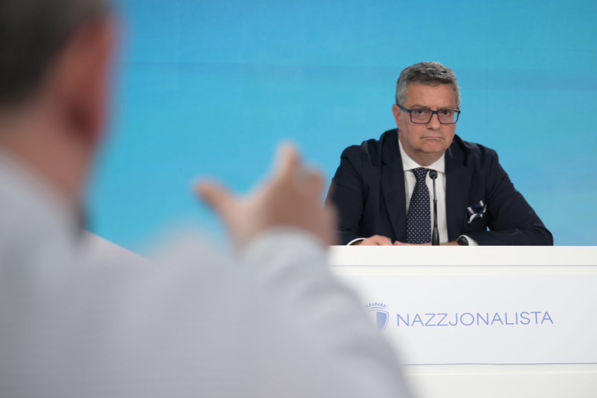 Adrian Delia takes part in a news conference during the general election campaign. Photo: Matthew Mirabelli