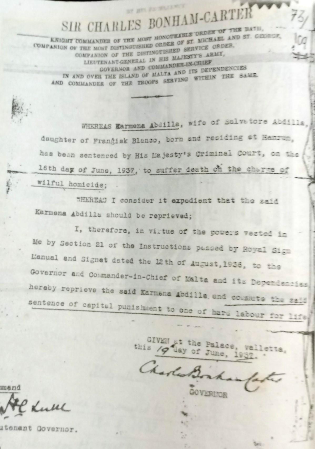 Governor Sir Charles Bonham Carter's warrant granting a reprieve to Karmela Abdilla in 1941.