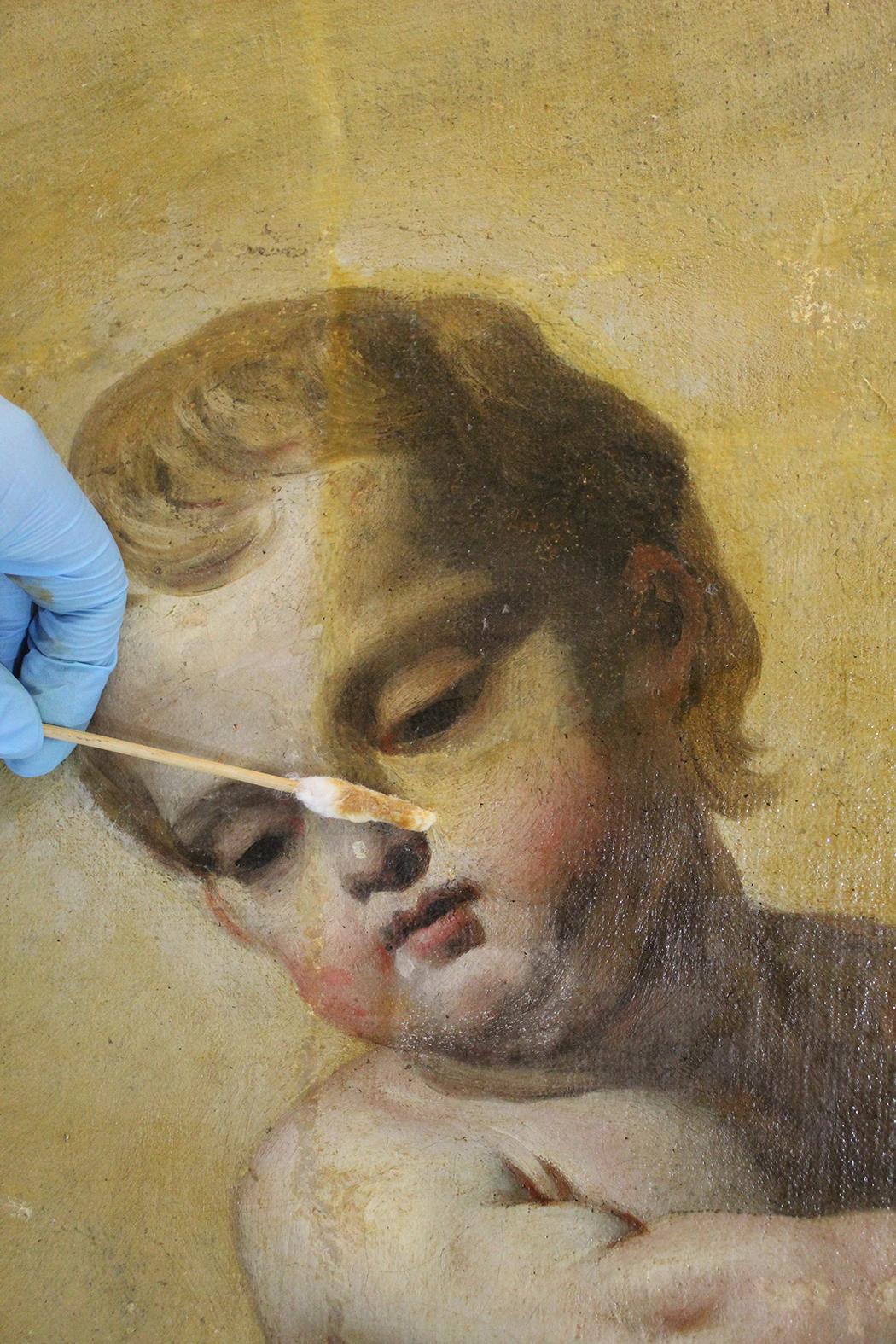 Details taken during the cleaning of varnish and overpaint. Photo credit: ASC Conservation Centre Ltd.