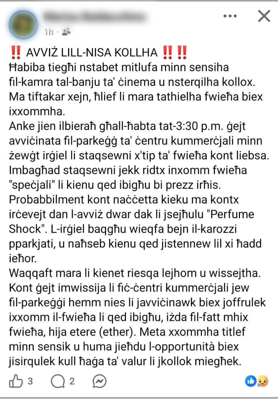 The post being shared on Facebook.