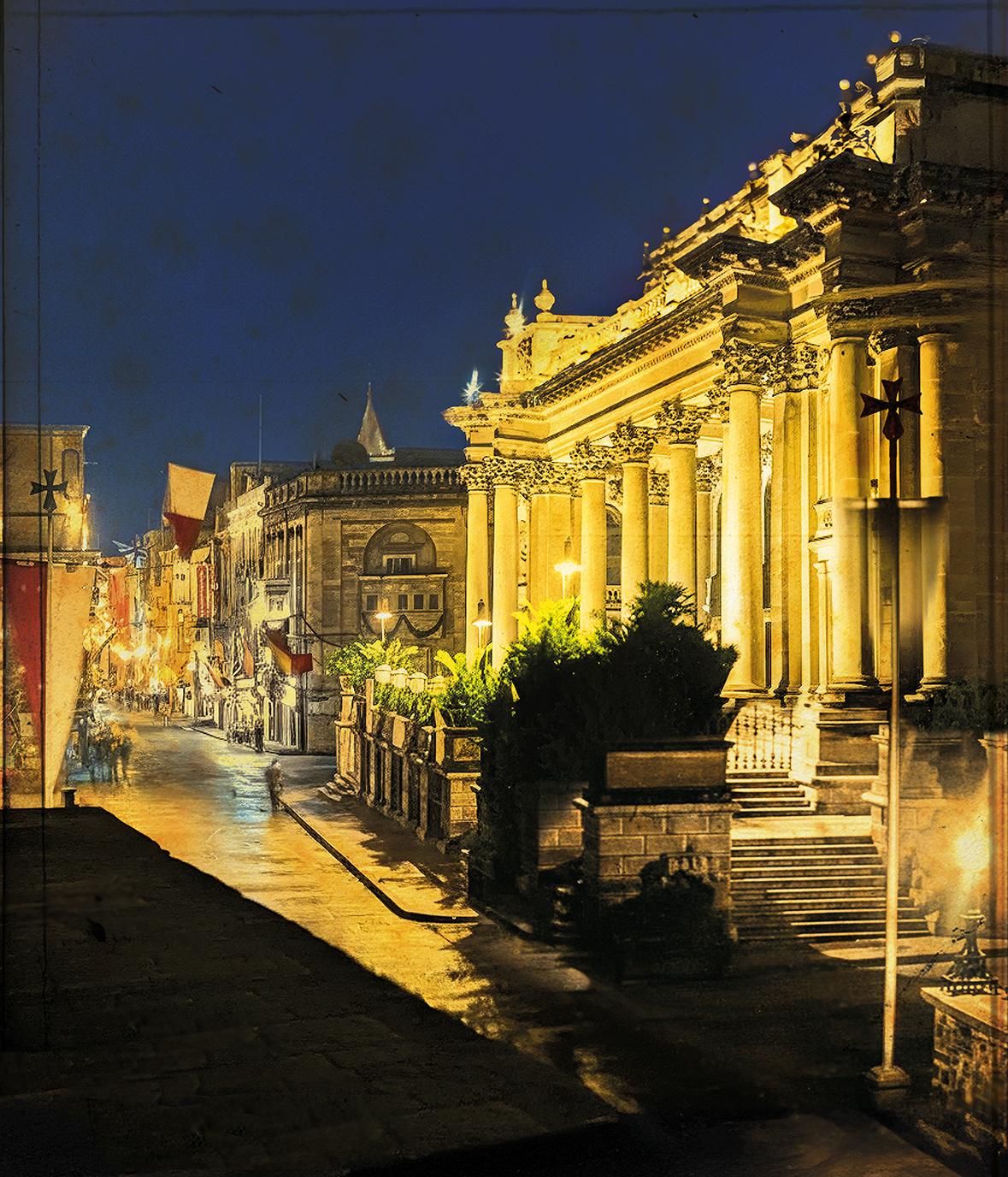 A view of the floodlit theatre from a colourised 1935 photograph.