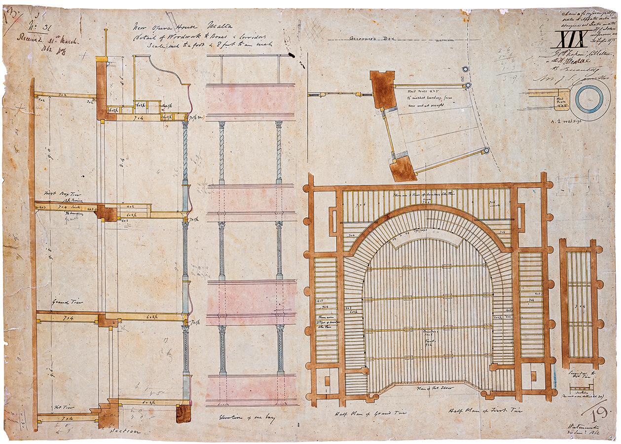 Plans showing details of the woodwork, boxes and corridors at the Royal Opera House.