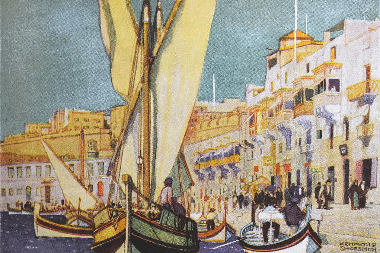 One of five Malta postcards by Kenneth Shoesmith (1890-1939) for the Royal Mail Co.
