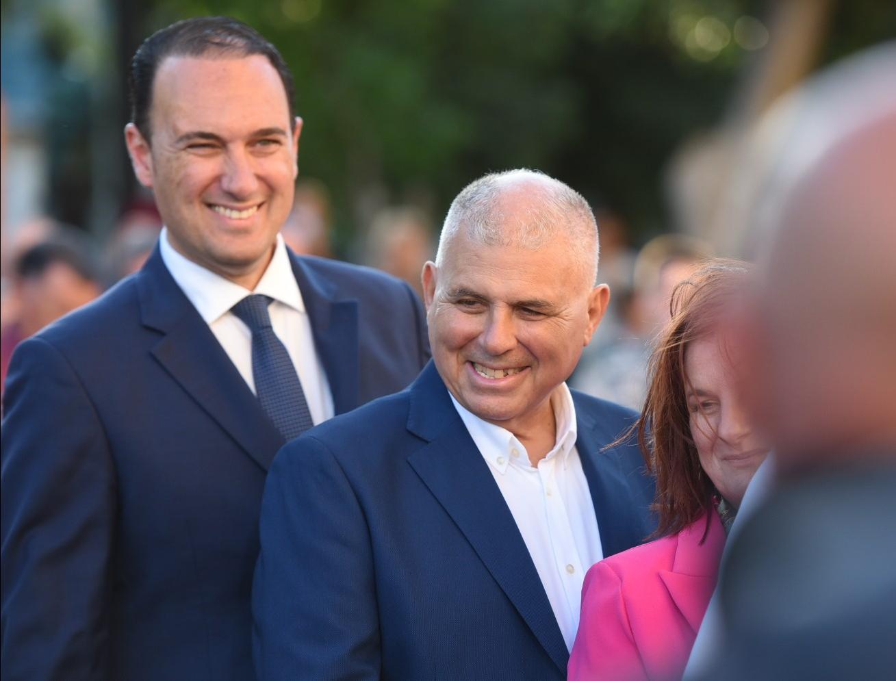 Ministers Clifton Grima (left) and Anton Refalo addressed supporters before Abela took the stage.
