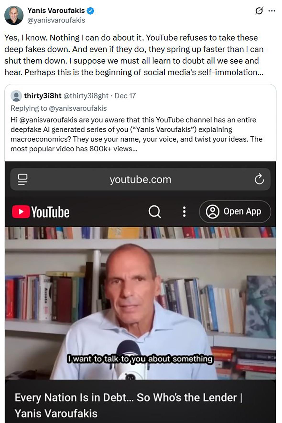 Screenshot of Yanis Varoufakis speaking about the deepfake videos of him. Photo: X