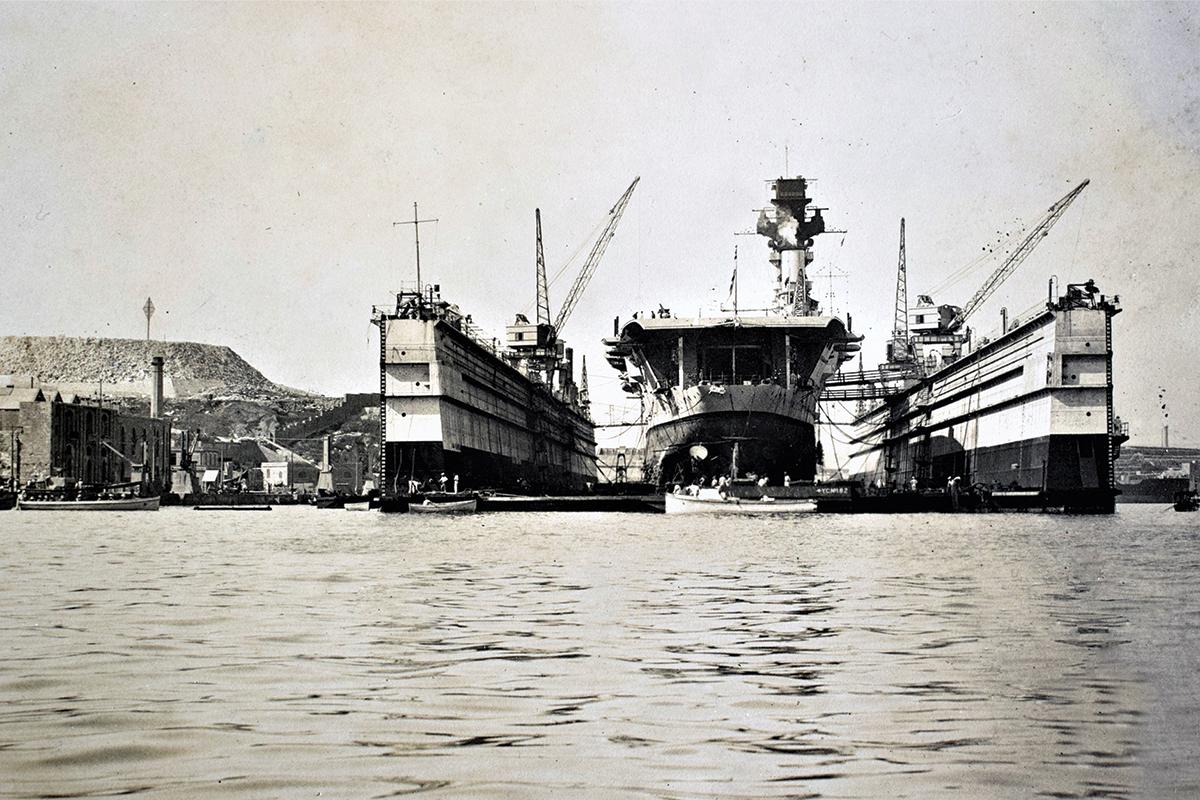 The aircraft carrier HMS Hermes in the floating dock, the Dockyard, 1930s. Photo: Giovanni Attard Rigaud