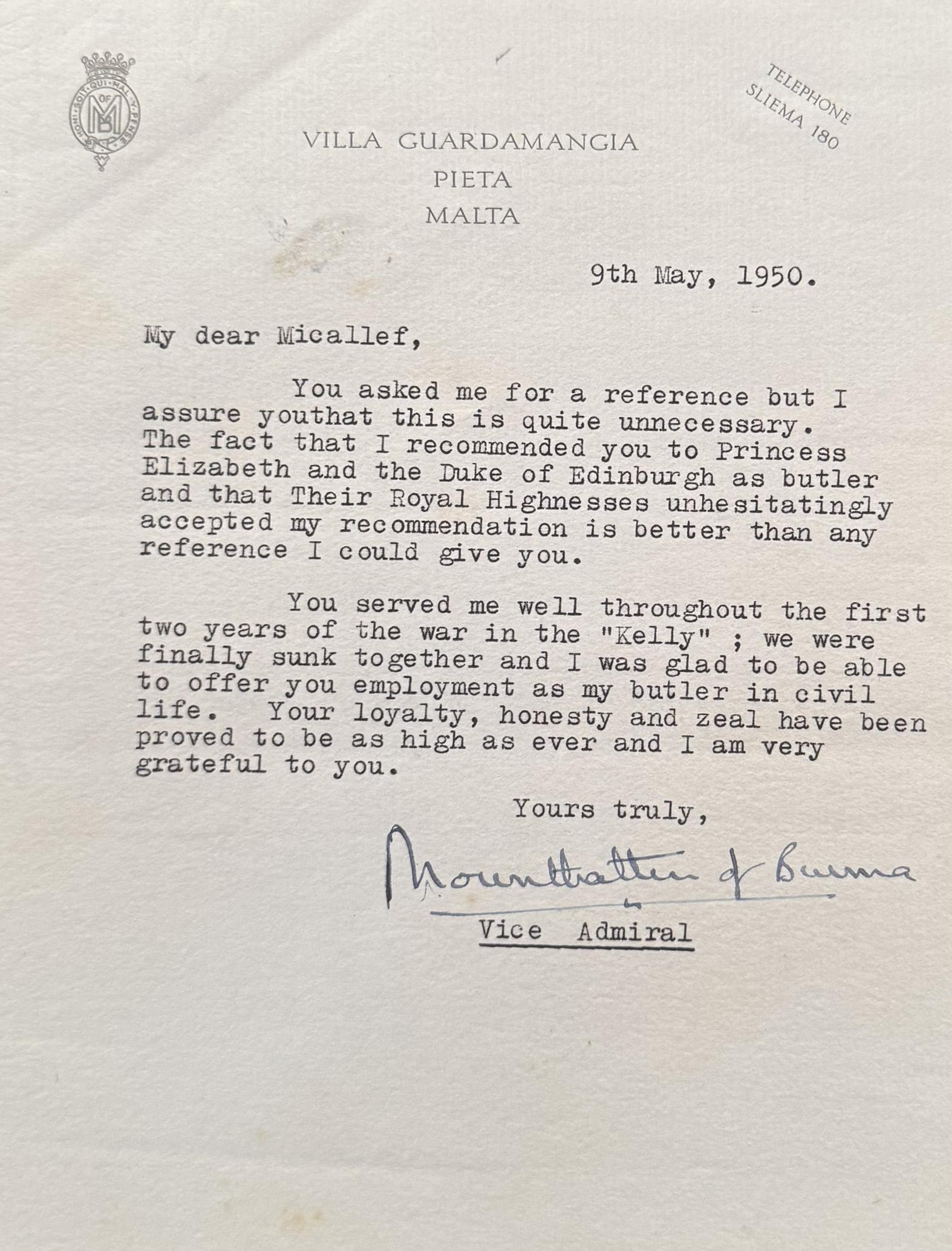 A letter of recommendation written by Lord Louis Mountbatten addressed to Giuseppe Micallef.