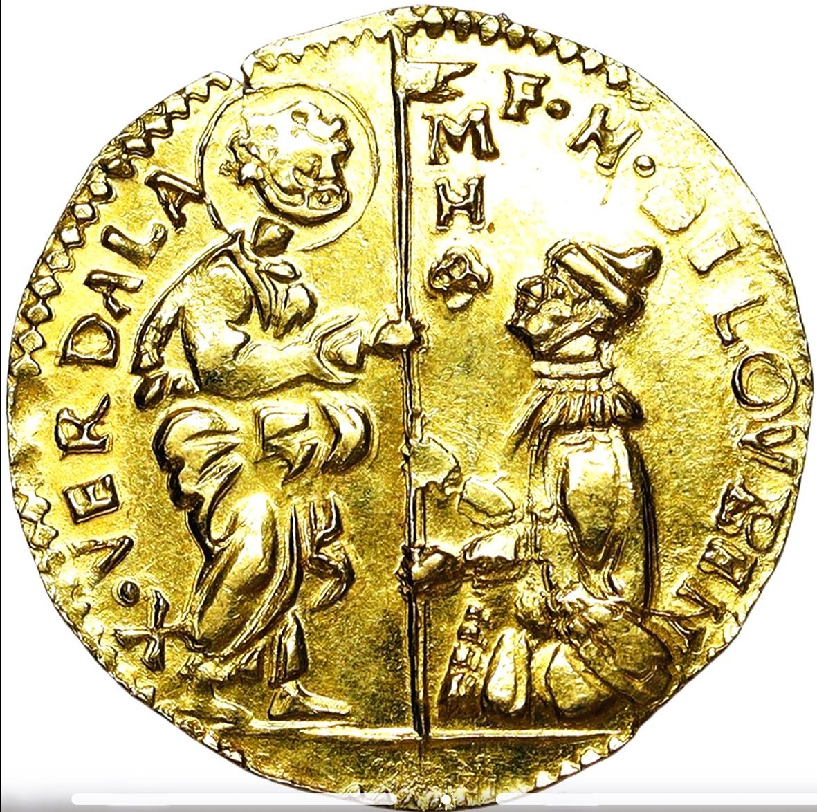 A gold <em>zecchino</em> issued by Grand Master Verdalle.