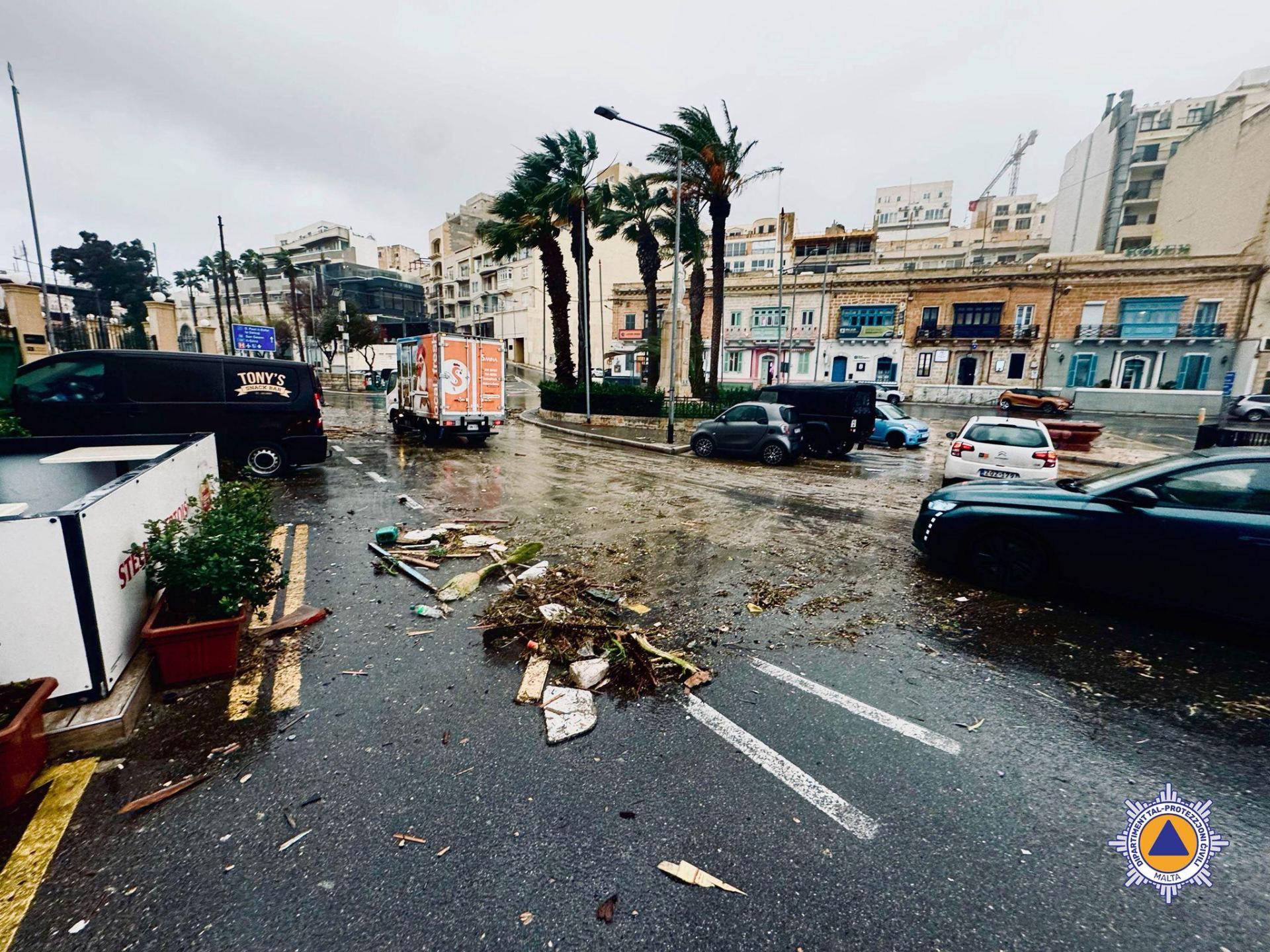 Popular Spinola Bay, St Julian's, covered in debris. Photo: Facebook/ Civil Protection Department