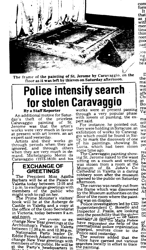 News article dated January 1, 1986, on police searches for the theft of the Caravaggio painting.