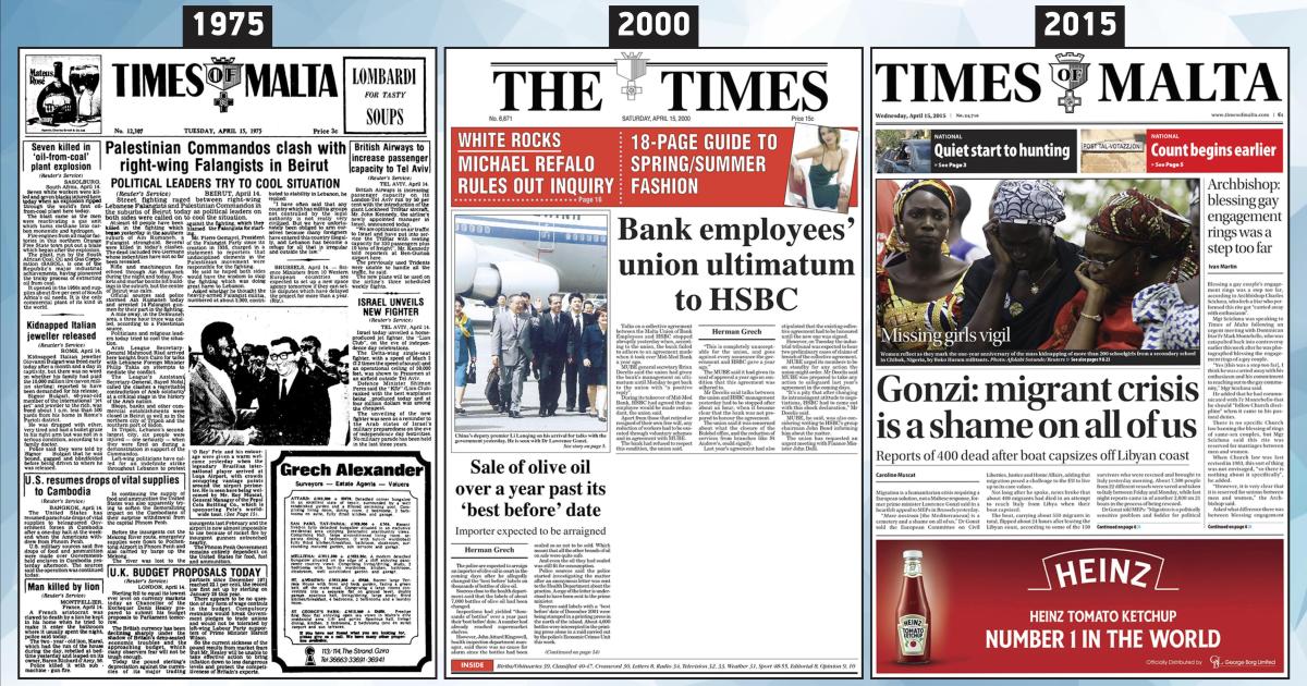 April 15: The front page of Times of Malta 10, 25 and 50 years ago