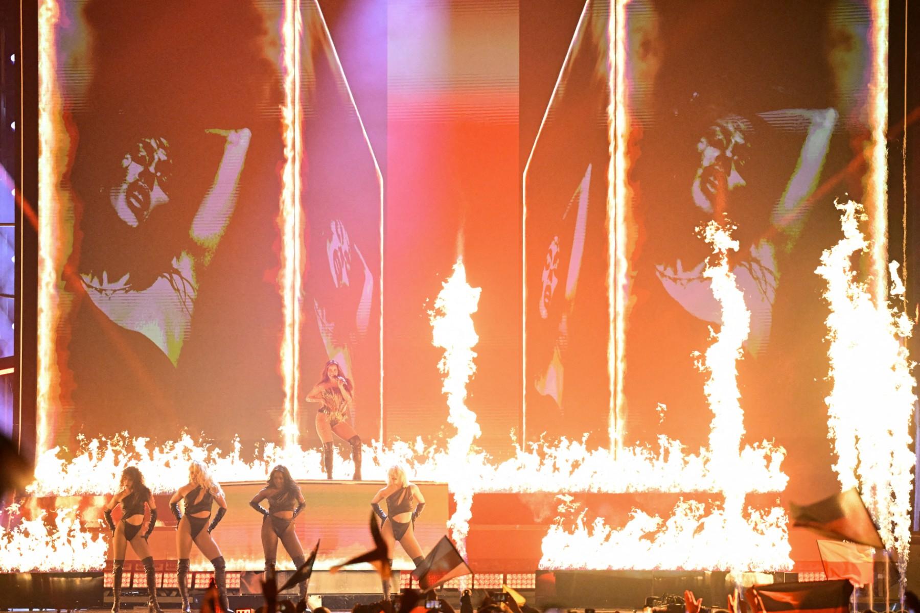 German singer Sarah Engels (back), representing Germany with the song 'Fire'. Photo: AFP
