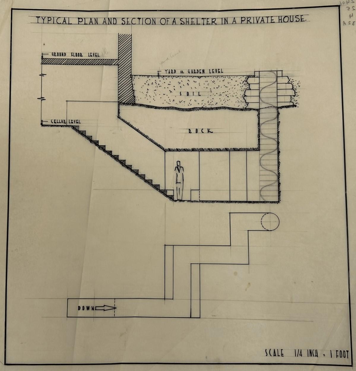 A typical plan and section of a shelter in a private house. Public Works Archive.