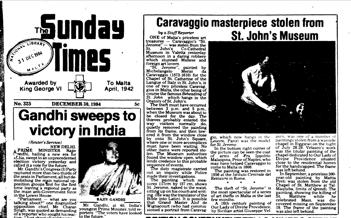 A snippet of <em>The Sunday Times</em> reporting the Caravaggio theft dated December 30, 1984.