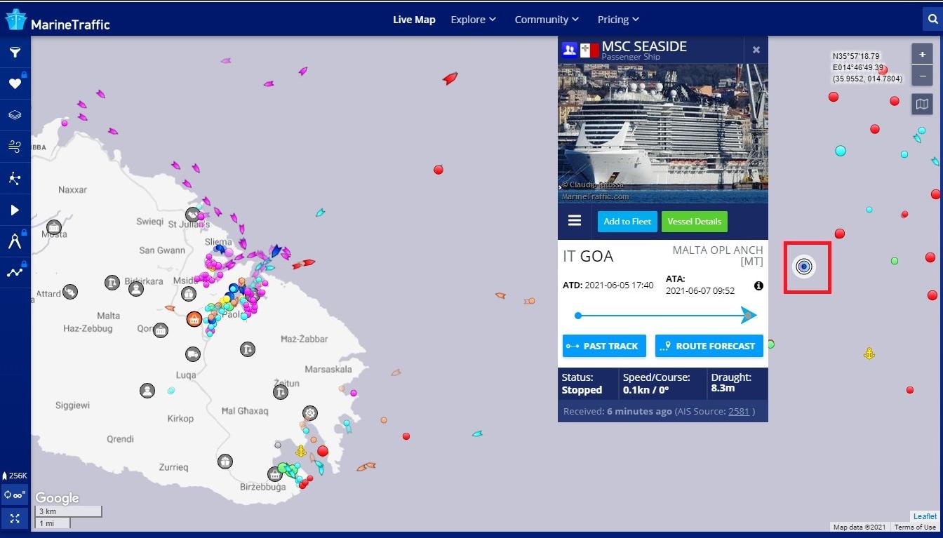 MSC Seaside was due to arrive in Malta on Monday Photo: Screengrab of Marine Traffic website