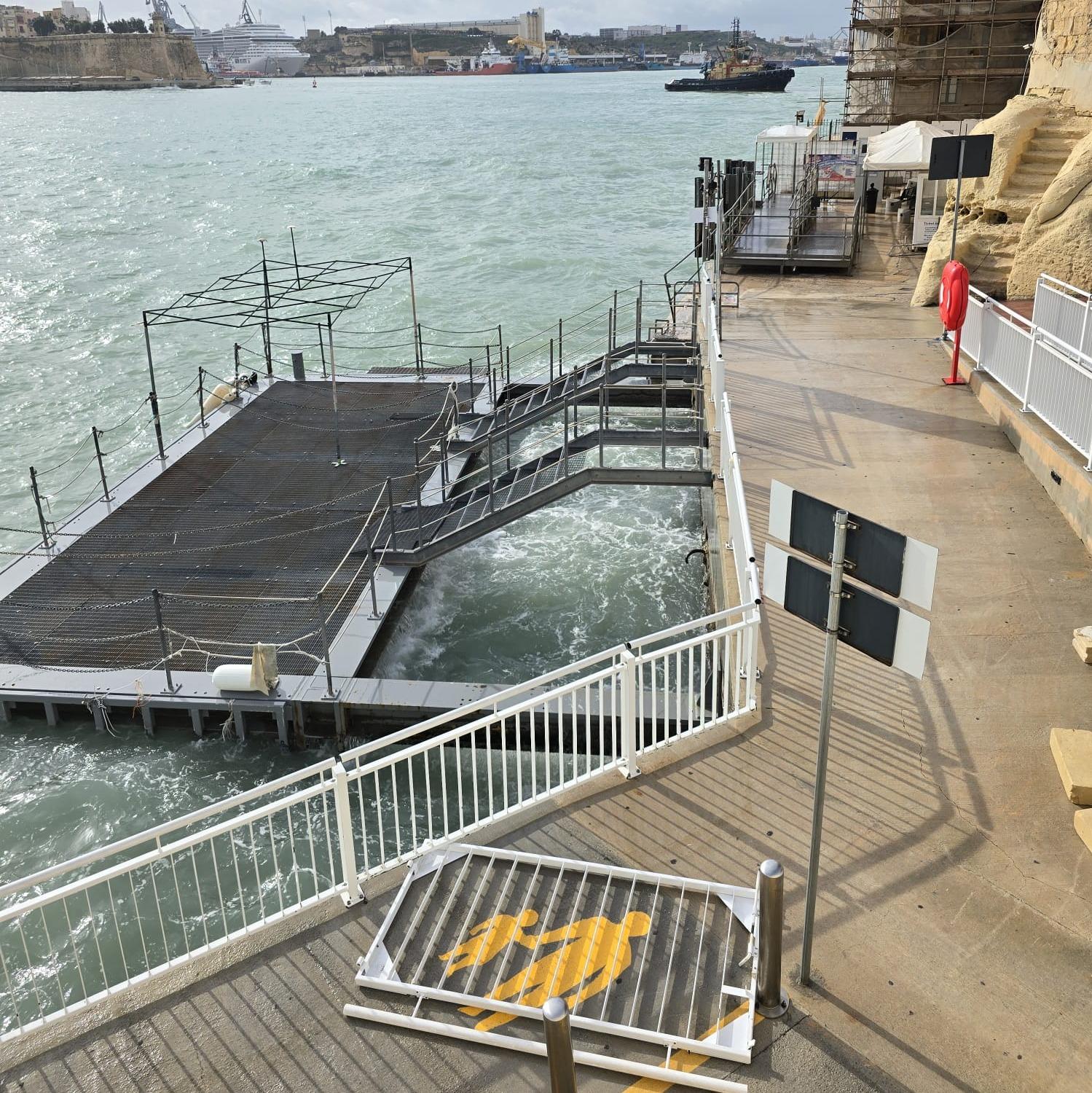 The ferry services from Valletta will be suspended until further notice due to extensive damage caused by the storm. Photo: Facebook/TransportMalta