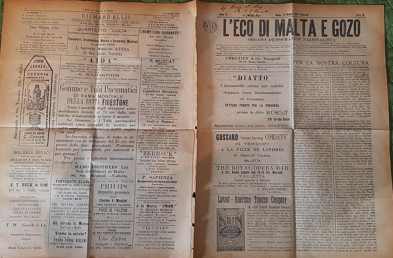A newspaper ad showing Joseph Farrugia&rsquo;s great-grandfather Paolo was the proprietor in the mid-1900s.
