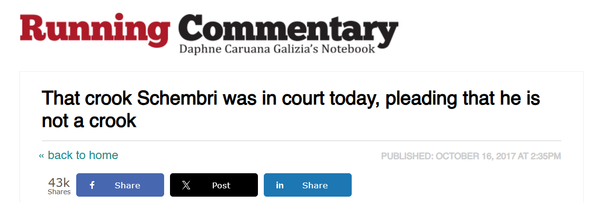 The last post uploaded by Caruana Galizia, minutes before she was killed.