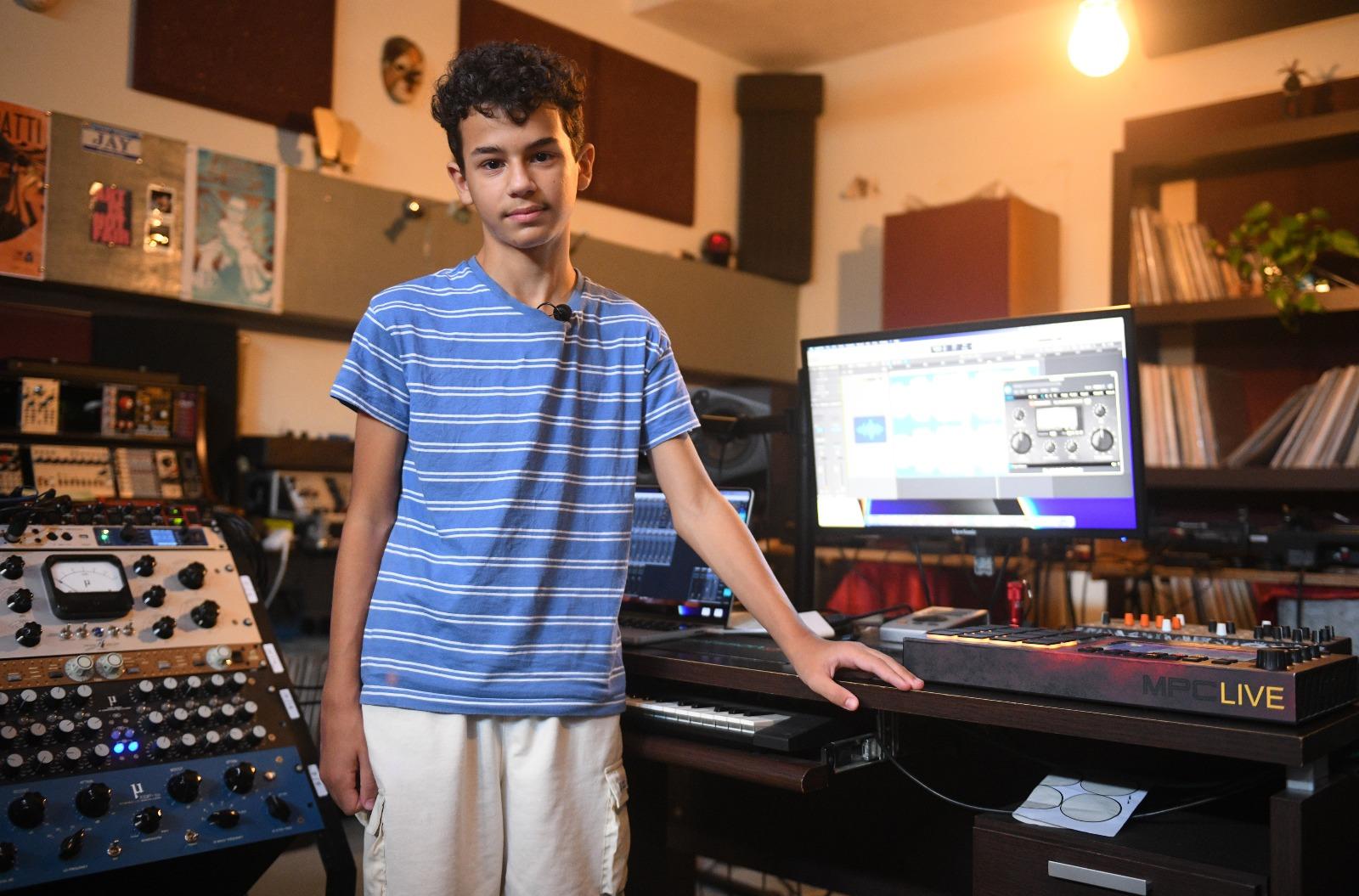 The young producer and DJ pictured here in his father&rsquo;s studio. Photo: Matthew Mirabelli